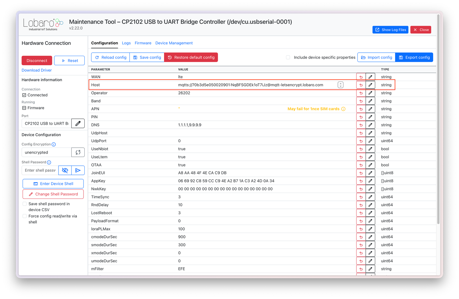 Lobaro Config Tool MQTT connection string field
