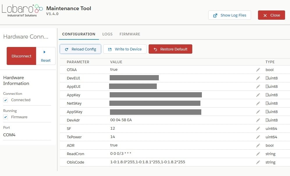 EDL21 configuration in the Lobaro Maintenance Tool