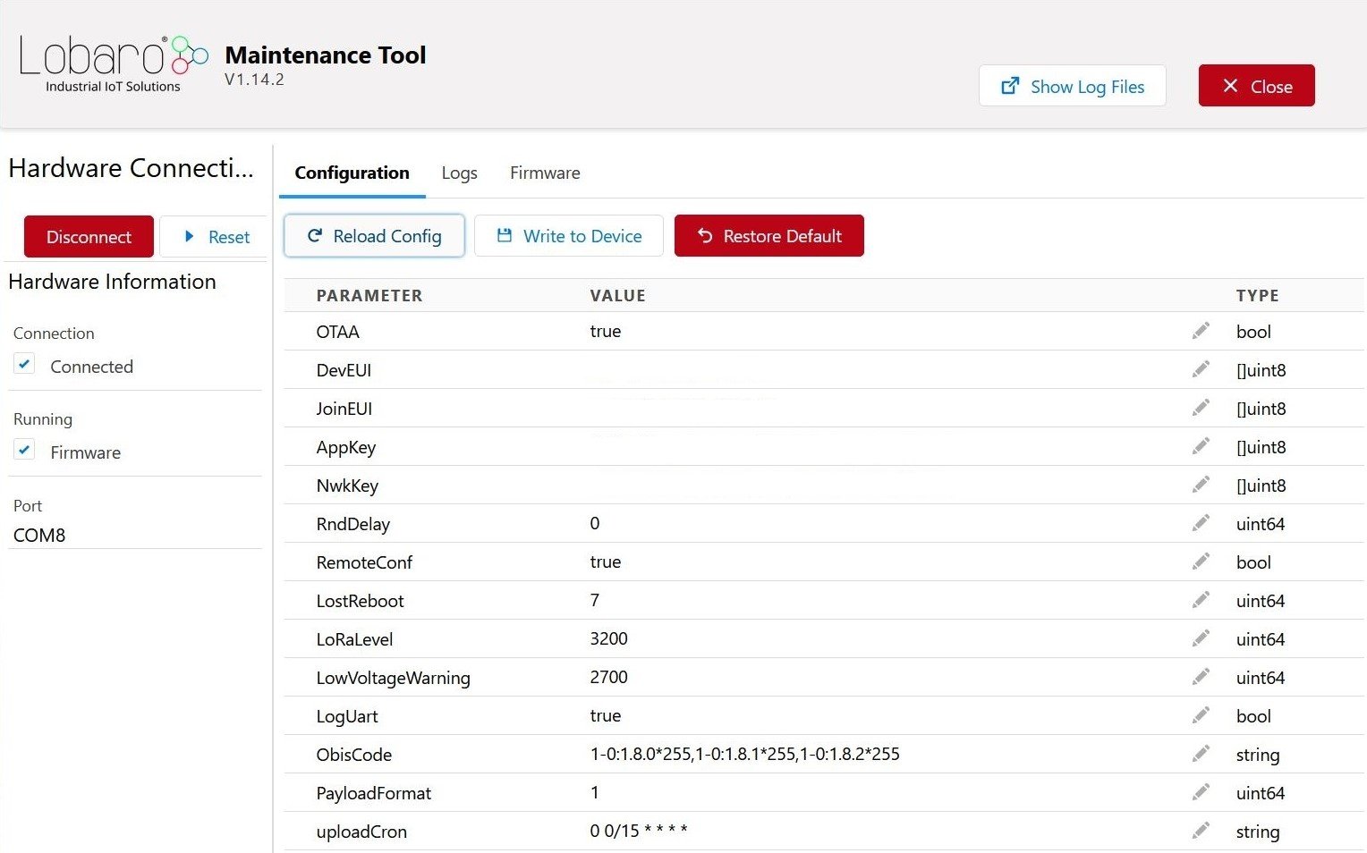 EDL21 V2 configuration in the Lobaro Maintenance Tool
