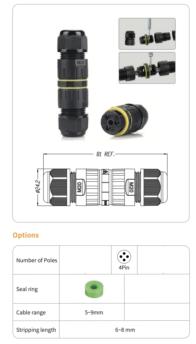 IP68 connector assembly diagram with dimensions