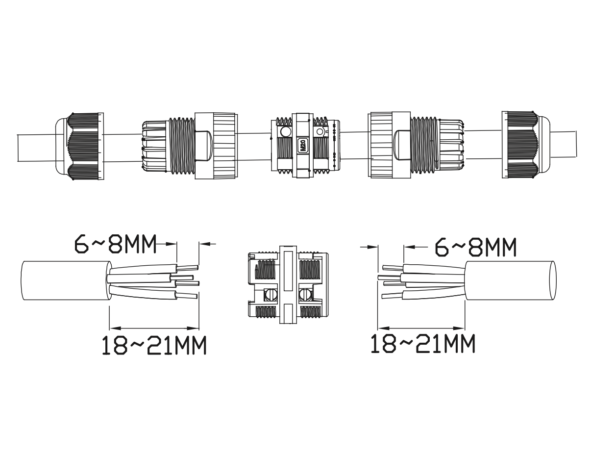 IP68 connector cable preparation and wiring diagram