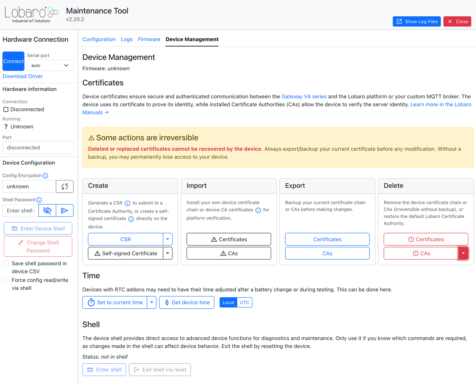 Lobaro Maintenance Tool — Device
Management: Certificates tab showing options to create, import, export, and delete device certificates and CAs