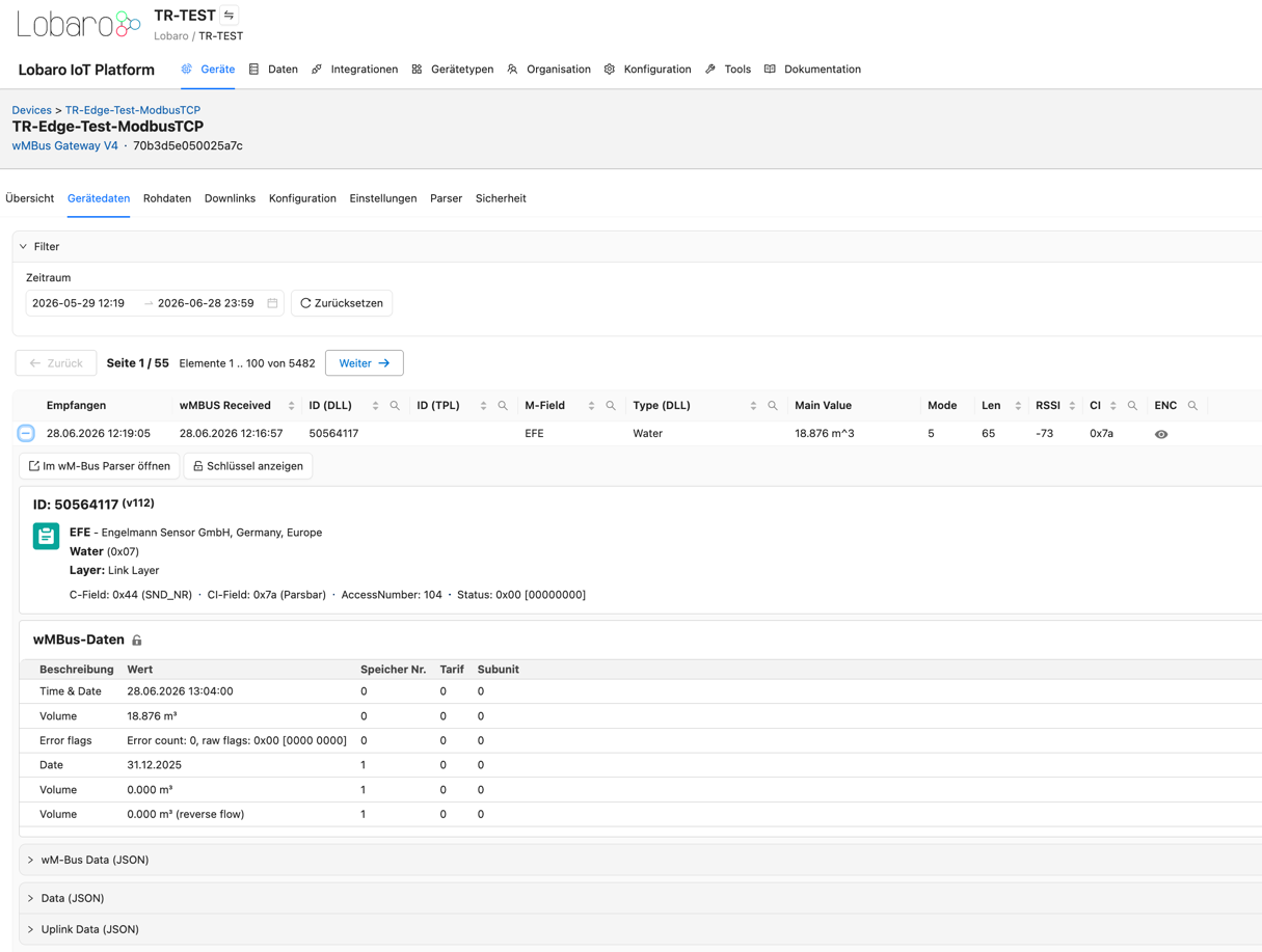 Lobaro IoT Platform — device data view showing decoded wM-Bus telegrams