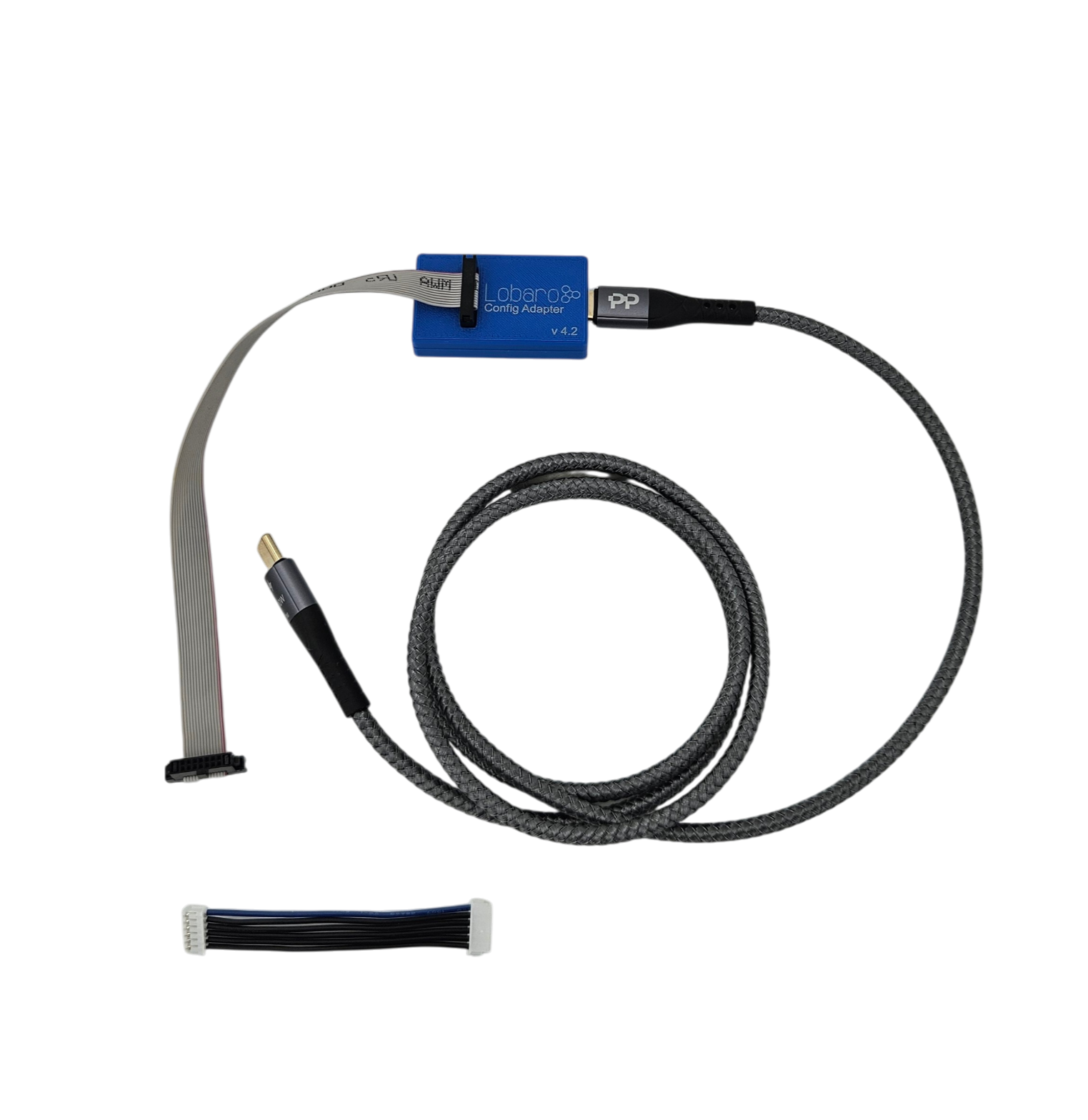 Lobaro USB Config Adapter V4.2 with USB-C cable, 14-pin ribbon cable and 6-pin JST cable